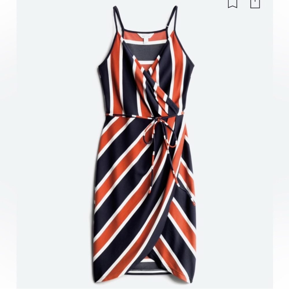Market & Spruce Navy and Burnt Orange Striped Spaghetti Strap Wrap Front Dress
